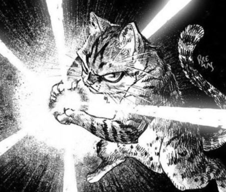 JenX A focused cat striking a glowing orb, surrounded by dynamic light rays.